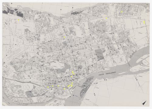 Map with yellow circular self-adhesive stickers indicating  the 19 locations of 'Field Works in Montreal', Montréal, Québec