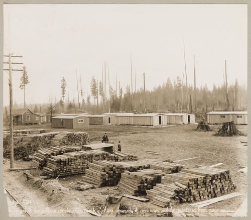 View of the Canadian Pacific Railroad Company construction camp showing barracks and railway ties, Coquitlam (now Port Coquitlam), British Columbia