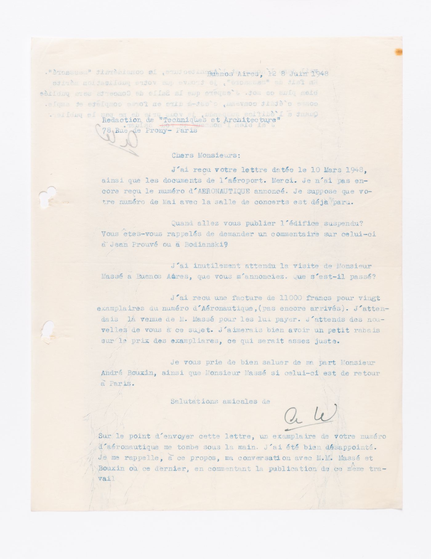 Correspondence, letter to Redaction de Techniques et Architecture from Amancio Williams