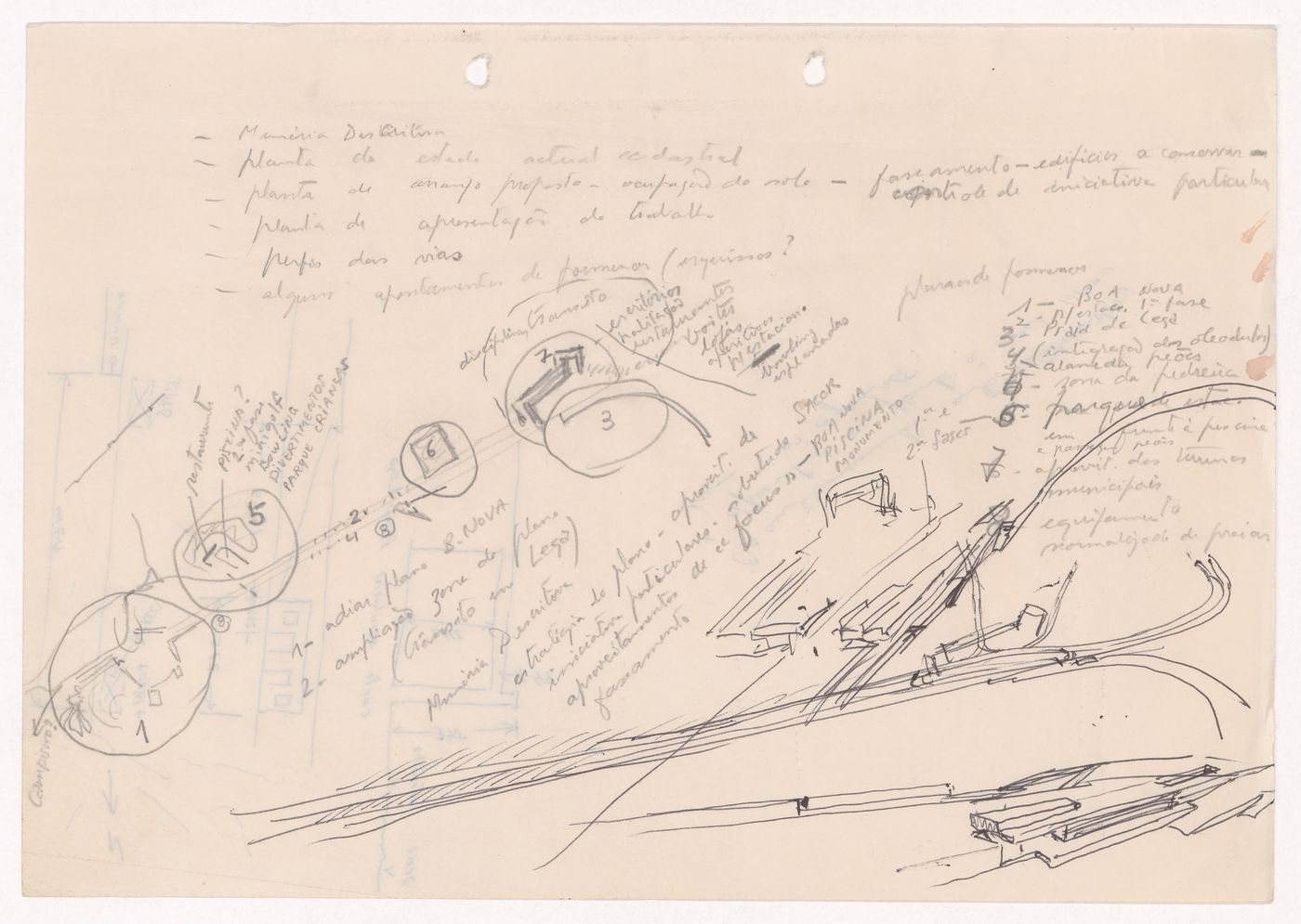 Sketch perspectives and details with annotations for Plano Urbanístico para a Marginal de Leça e Zona da Boa Nova, Leça da Palmeira, Matosinhos, Portugal