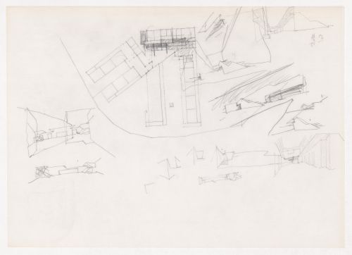 Sketch plan, perspectives, and axonometric views for Escola Pré-primária e Primária, Alcoi, Spain
