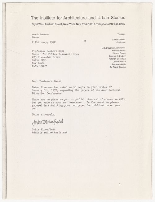 Letter from Julia Bloomfield to Herbert Gans about publication of papers from Architectural Education U.S.A. conference with attached letter from Herbert Gans to Peter D. Eisenman dated January 6th, 1972