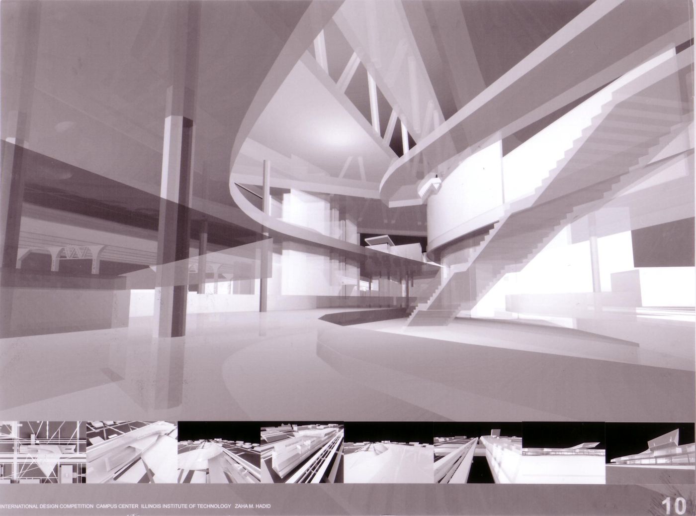 Interior and exterior perspectives, submission to the Richard H. Driehaus Foundation International Design Competition for a new campus center (1997-98), Illinois Institute of Technology, Chicago, Illinois