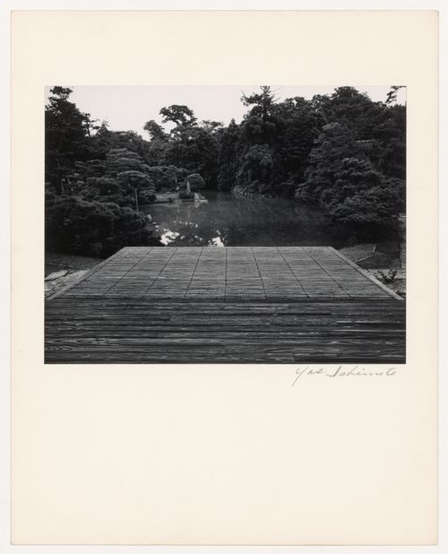 View of the Moon-viewing Platform, the pond and the garden, Katsura Rikyu (also known as Katsura Imperial Villa), Kyoto, Japan