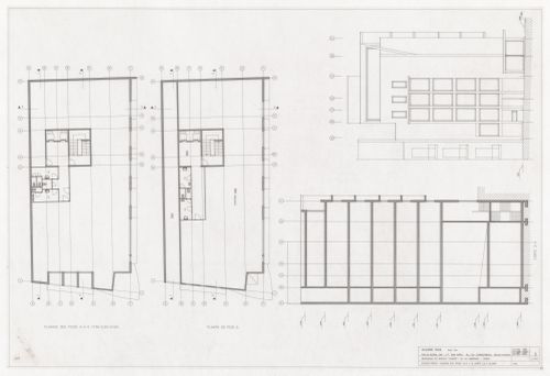 Floor plans, section, and elevation for Remodelação do Cinema Condes, Lisbon, Portugal