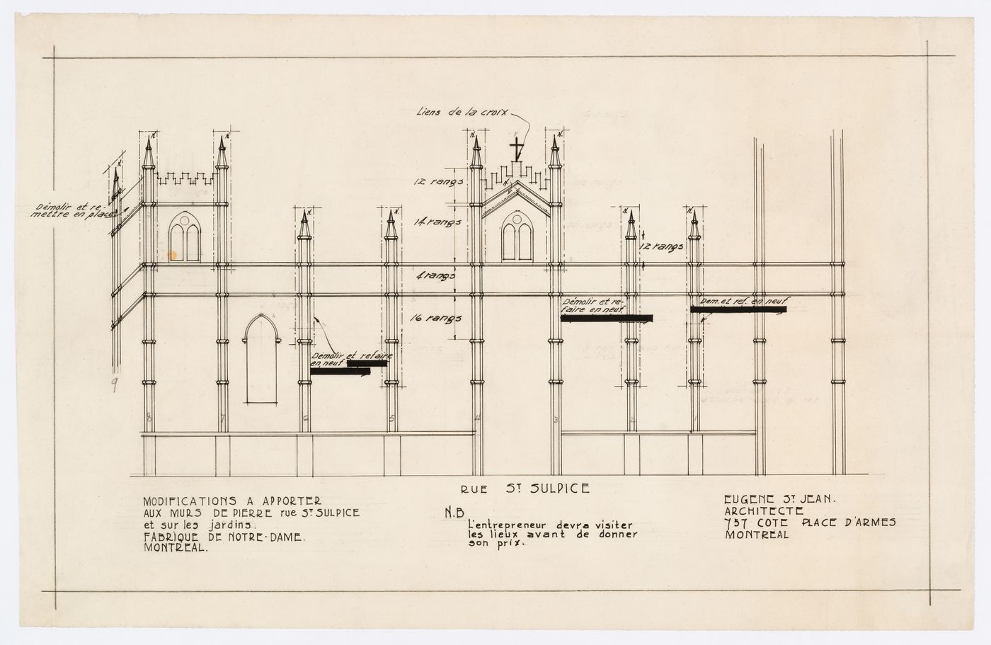 Lateral exterior elevation for Notre-Dame de Montréal, apparently for the renovations of 1929-1949