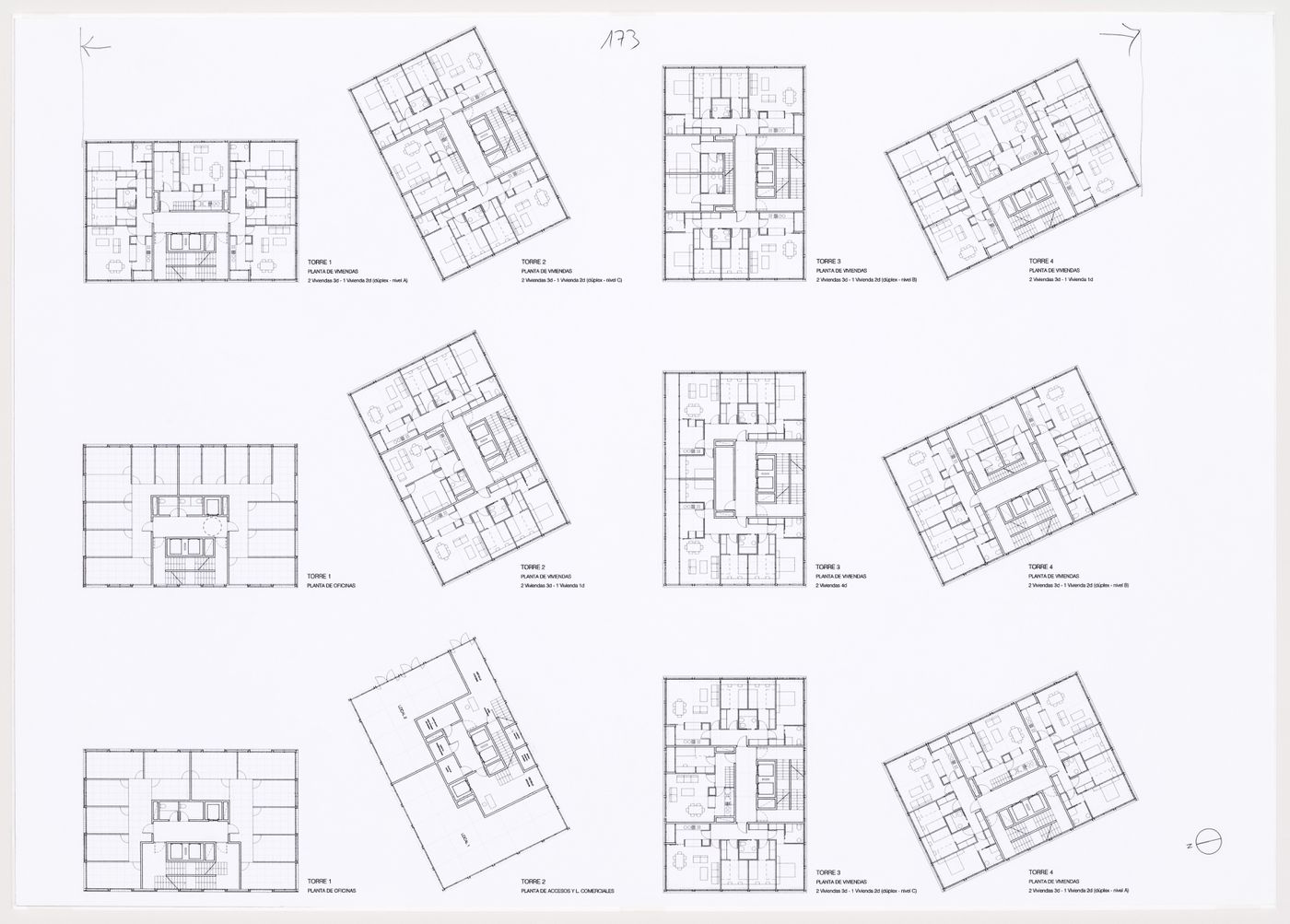 Floor plans of the four towers showing living units, offices and commercial access