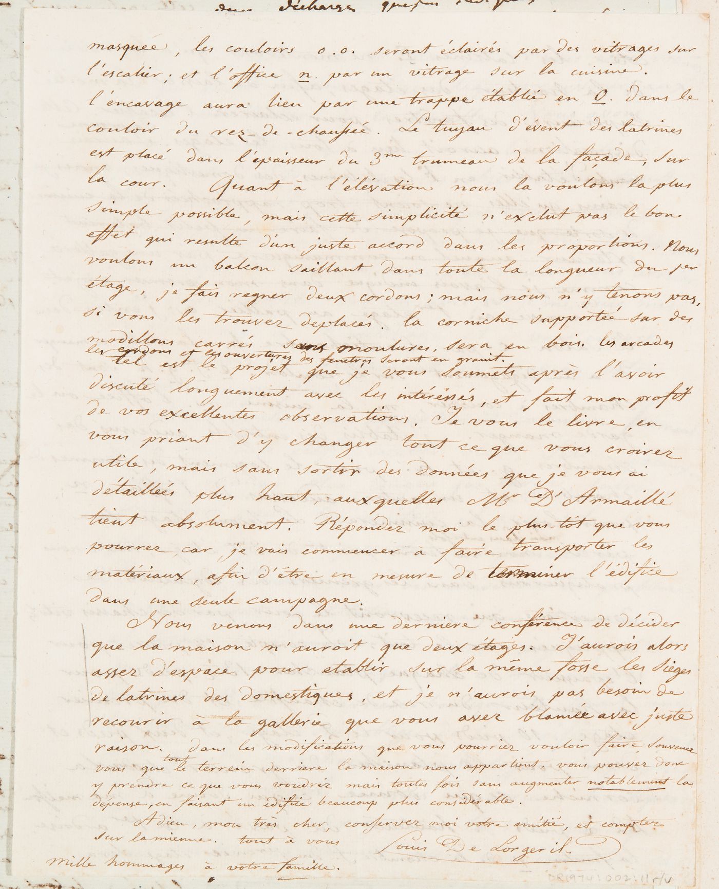 Letter from M. de Lorgeril to Hubert Rohault de Fleury concerning an apartment house for the M. de Lorgeril family in Rennes, 8 June 1821