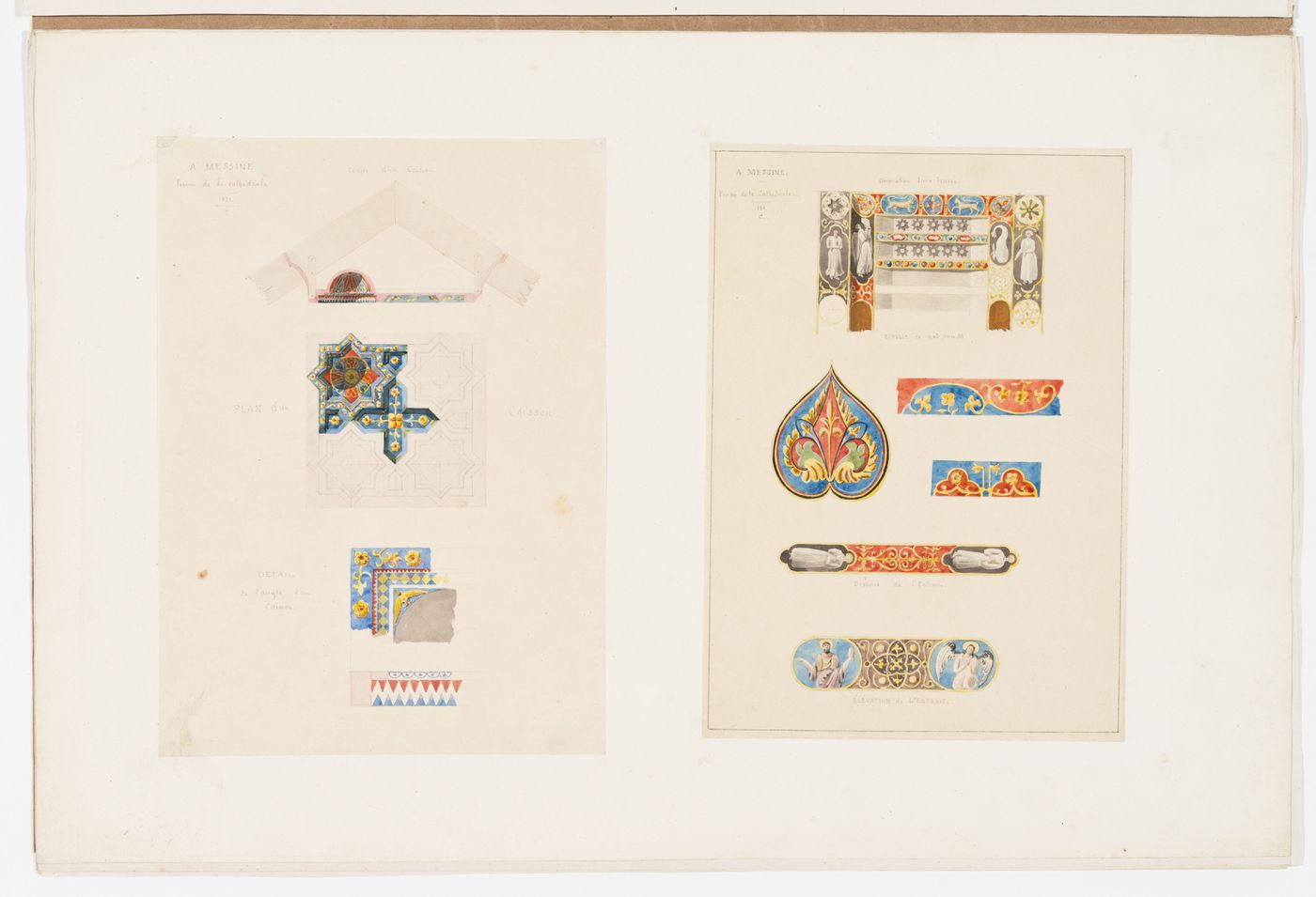 Section, reflected ceiling plan and details of the ornamentation of the coffers of the roof trusses of the Cathedral of San Maria, Messina, including the decoration of a ceiling bay, the underside of a beam, and the elevation of a beam