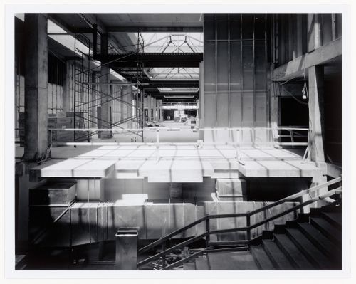Interior view of main exhibition galleries from across the Entrance Court, Canadian Centre for Architecture under construction, Montréal, Québec