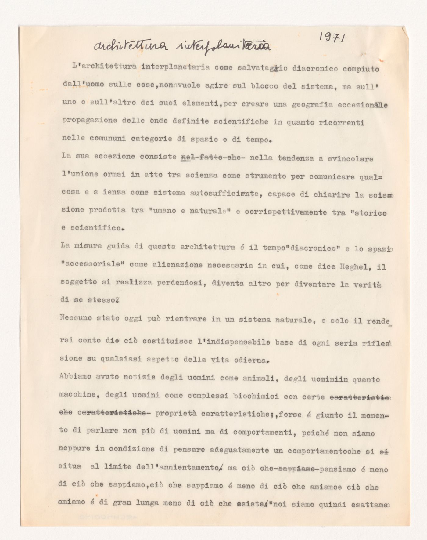 Original script of the opening scenes for Architettura Interplanetaria [Interplanetary Architecture]