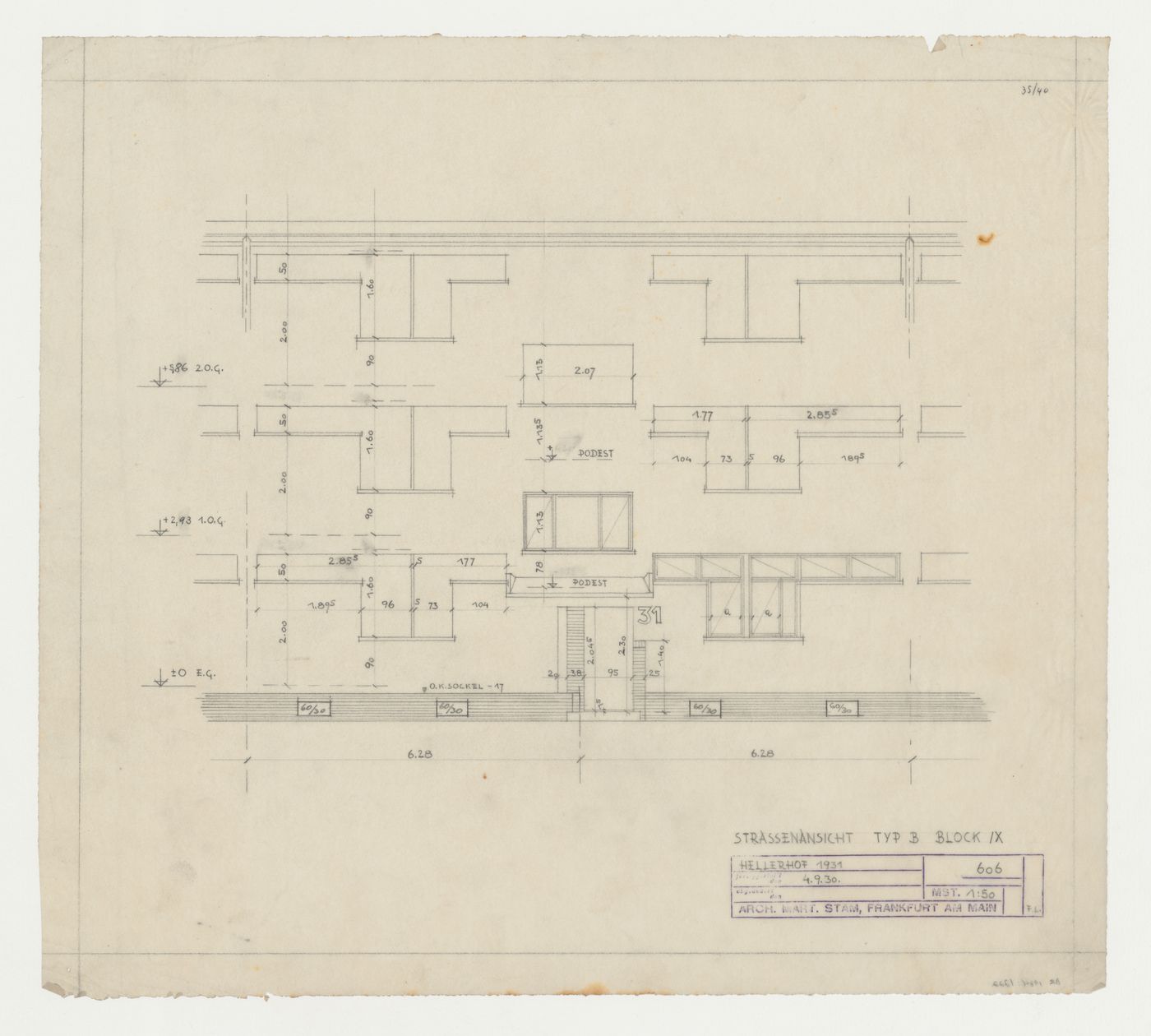 Street elevation for type B housing units, Hellerhof Housing Estate, Frankfurt am Main, Germany