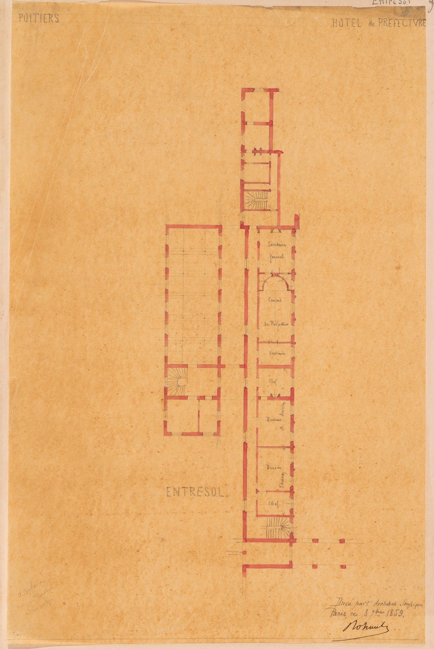 Project for a Hôtel de préfecture, Poitiers: Plan for the "entresol" for the offices and the ground floor for the Archives building