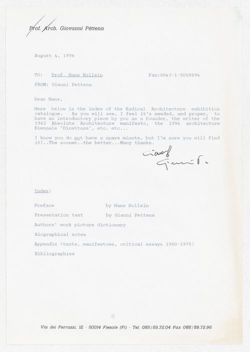Correspondence to Hans Hollein reagrding the exhibition Radicals. Architecttura e Design 1960-1975