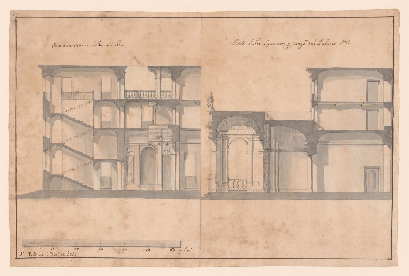 Sections through the central block and left wing of the casino of the Villa Sacchetti near Ostia