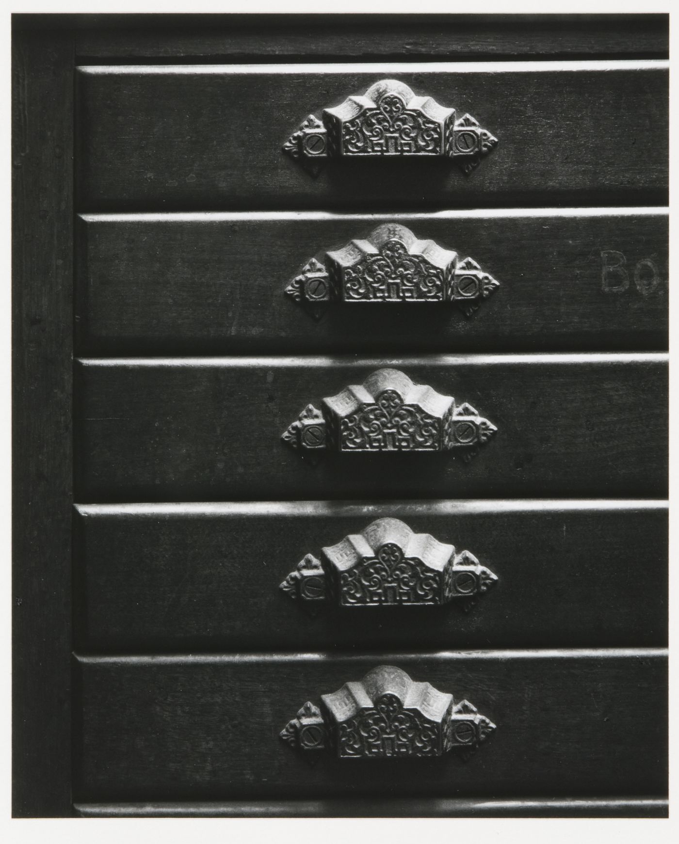 Detail view of drawer handles, city clerk's office, second floor, Old City Hall, Boston, Massachusetts, United States