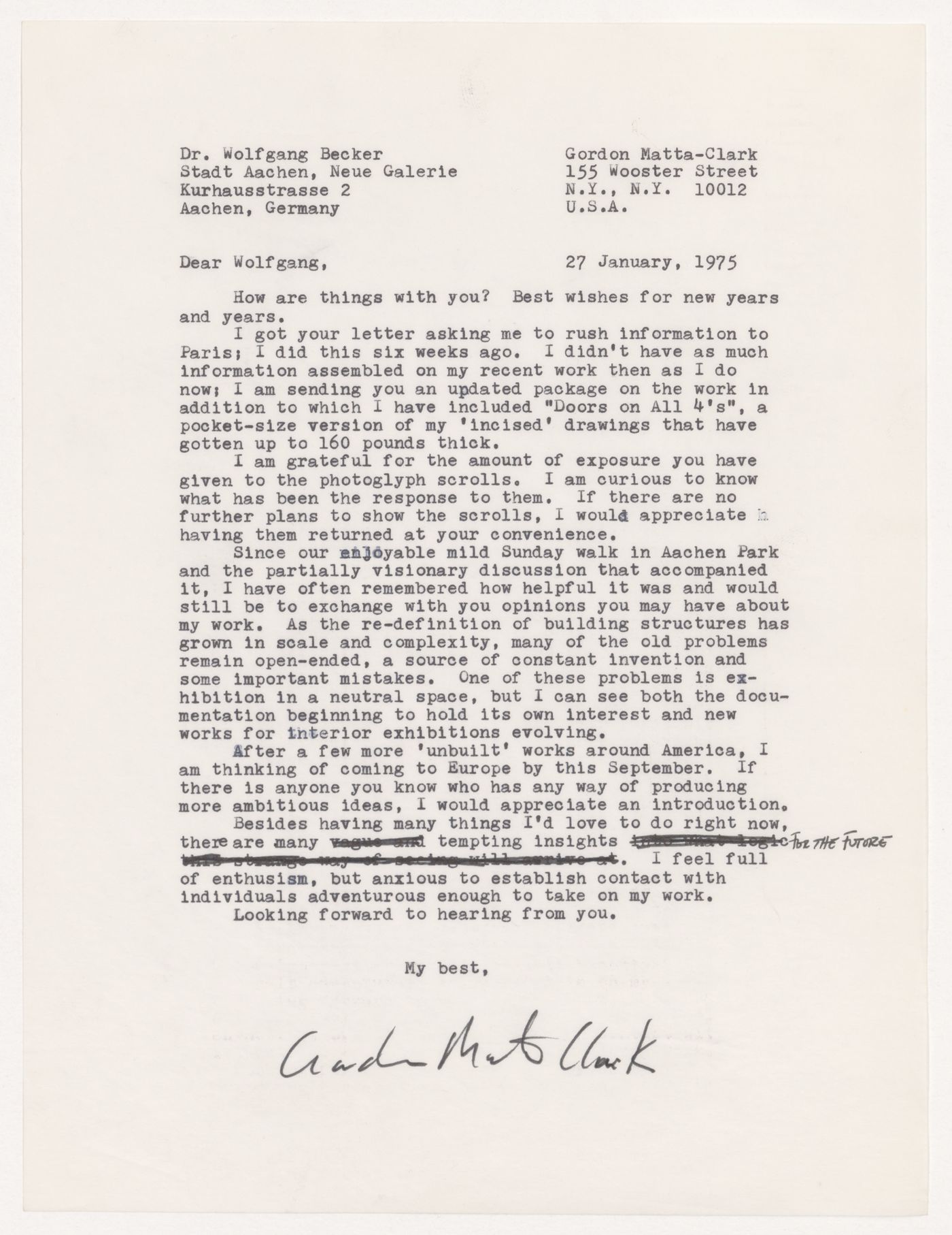 Letter from Gordon Matta-Clark to Dr. Wolfgang Becker