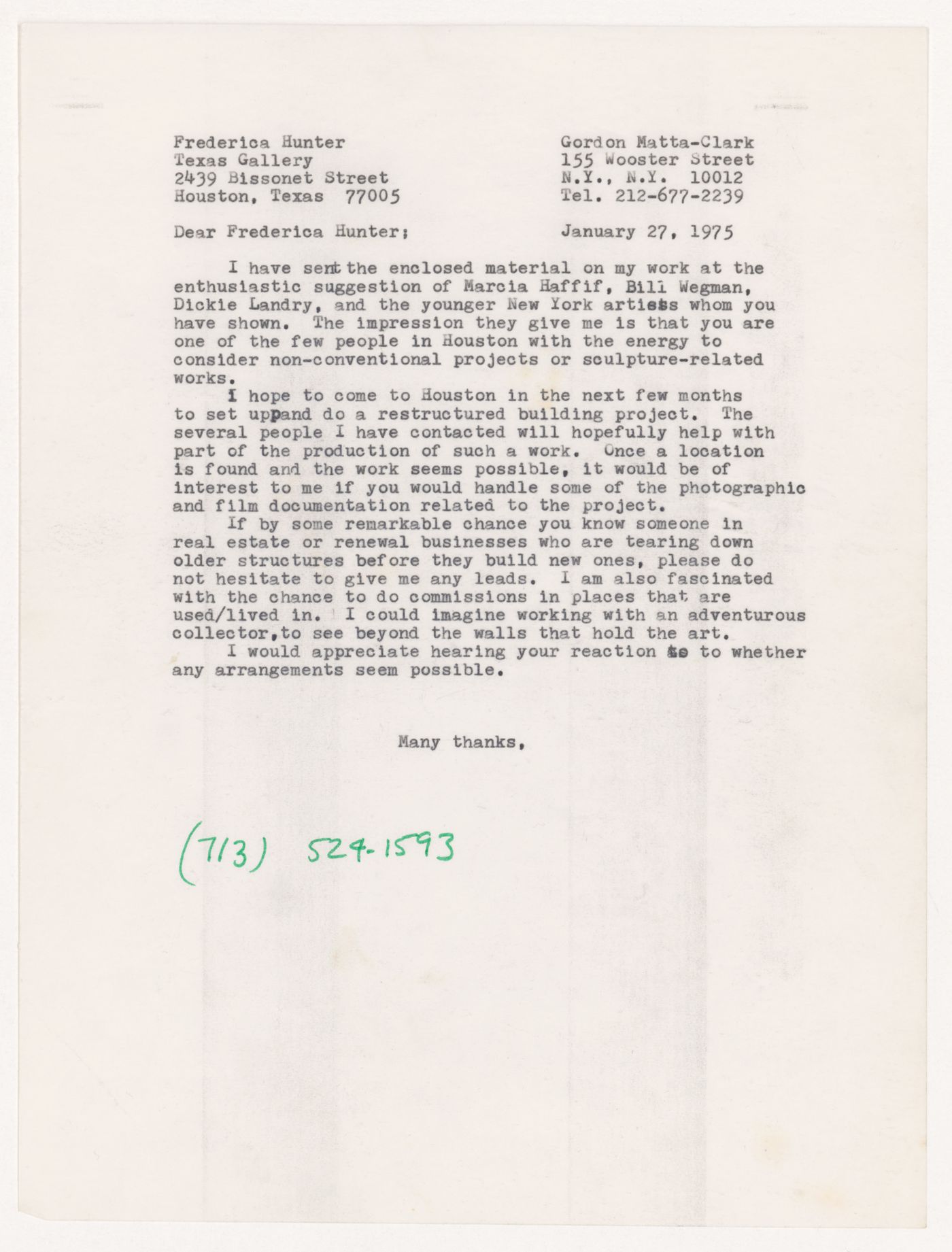 Letter from Gordon Matta-Clark to Frederica Hunter