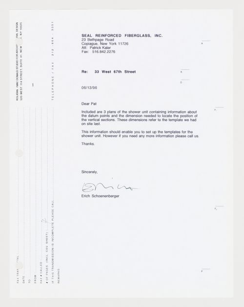 Fax to fibreglass manufacturer providing instructions for fabrication of kitchen/bath element template