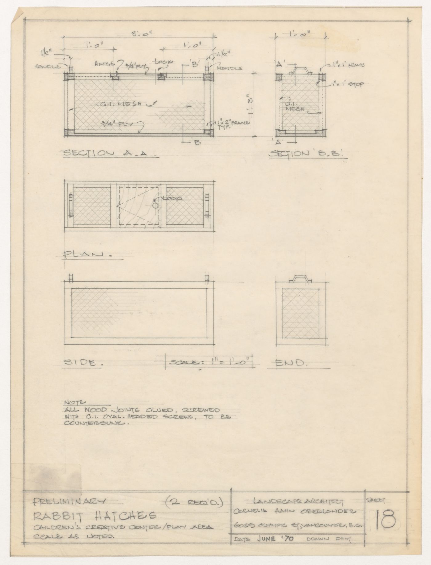 Preliminary plan and elevations for rabbit hatches for Children's Creative Centre Playground, Canadian Federal Pavilion, Expo '67, Montréal, Québec