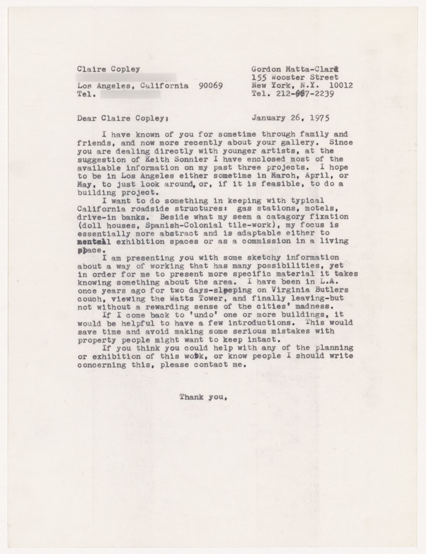 Letter from Gordon Matta-Clark to Claire Copley