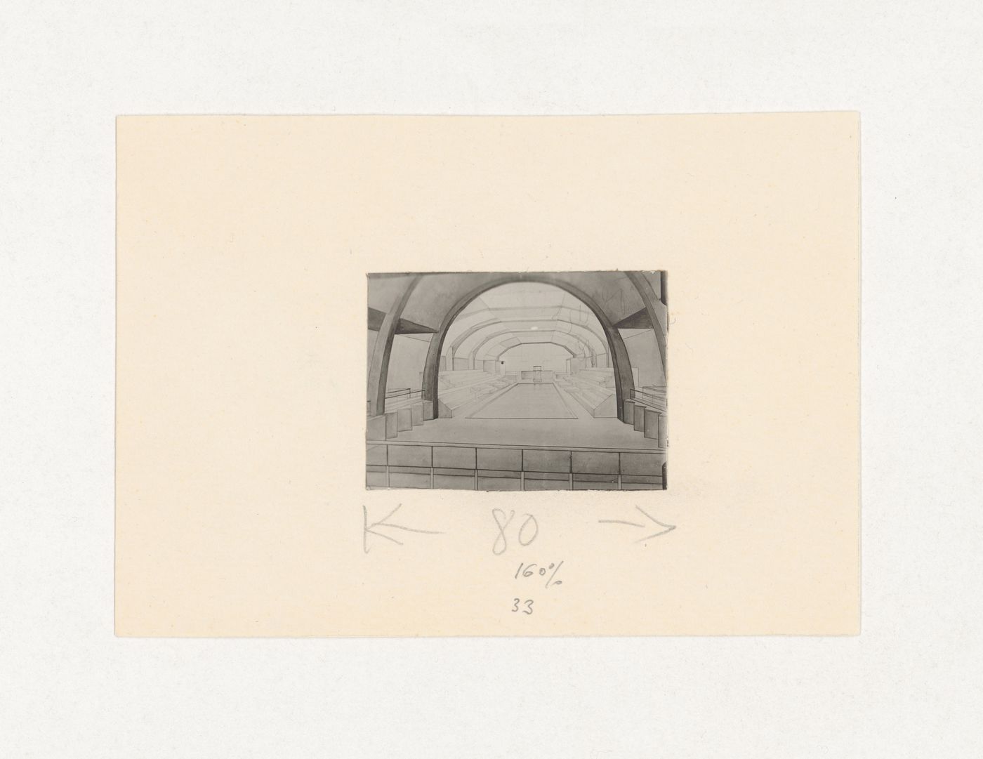 Photograph of a student drawing by V. Kalinin on the topic "Exercise on Finding the Expressiveness of Construction. Swimming Pool" for the "Space" course at the Vkhutein (Moscow Higher Technical Institute), Moscow