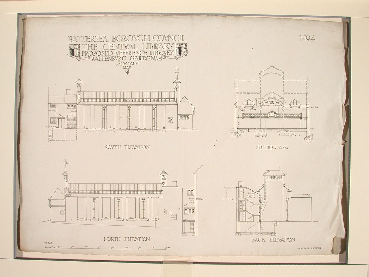 North, south, and back elevations, with section AA for the proposed reference library, Battersea Borough