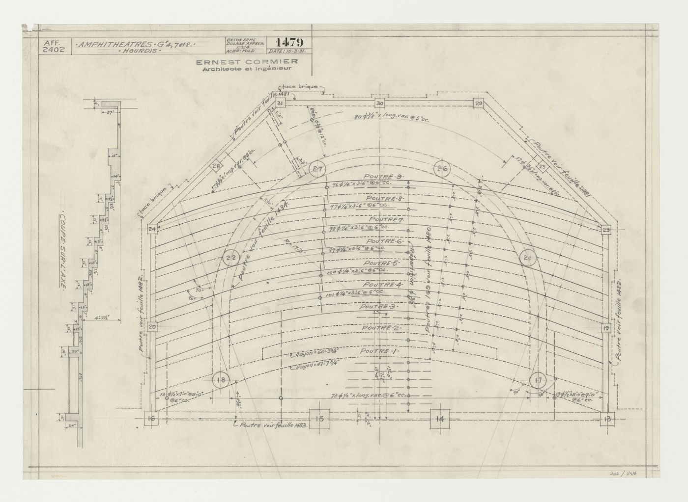 Détails des hourdis et des poutres de l'amphithéâtre, Pavillon principal et campus, Université de Montréal, Montréal, Canada (1924-1947)