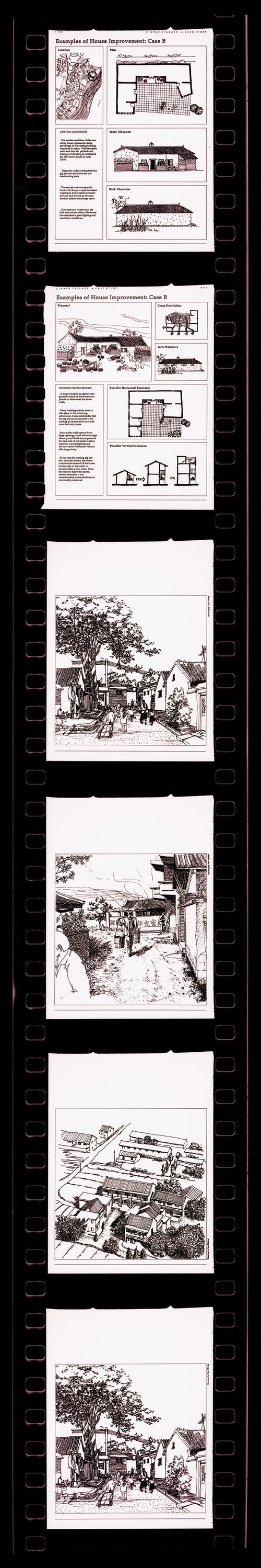 Negative strip of illustrations for the publication "Housing a Billion: Village Upgrading: Jianlu, China" publication