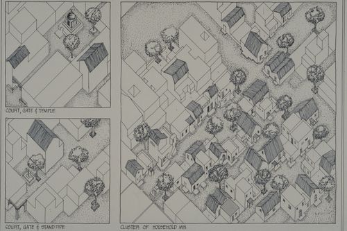 Axonometric view showing shared spaces and mix houses types for the Aranya Housing Project, Indore, India