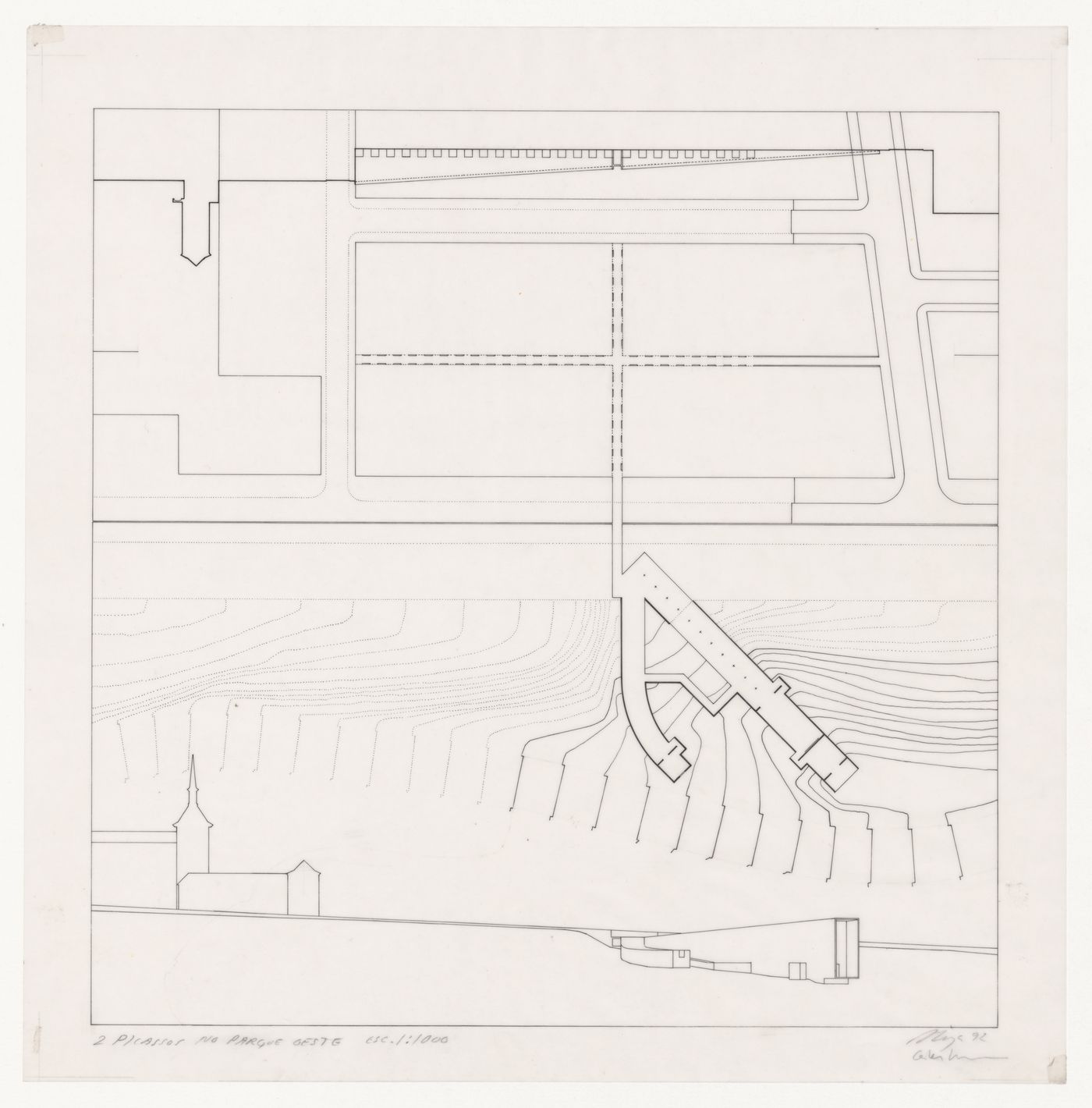 Site plan and elevation for Exposição Visiones para Madrid [Visions for Madrid exhibition], Madrid, Spain