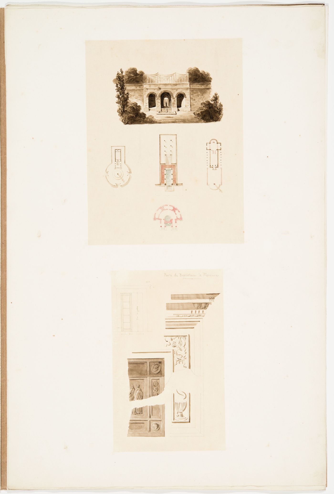 Front elevation of a triple archway entrance and plan of the corresponding building, with three plans of temple or apsidal audience hall type buildings; Schematic elevation and details of the Gates of Paradise from the Baptistry of San Giovanni, Florence