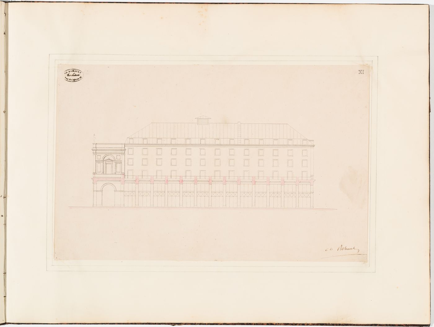 Sectional side elevation for the Théâtre Royal Italien, showing the interior of the shopping arcade