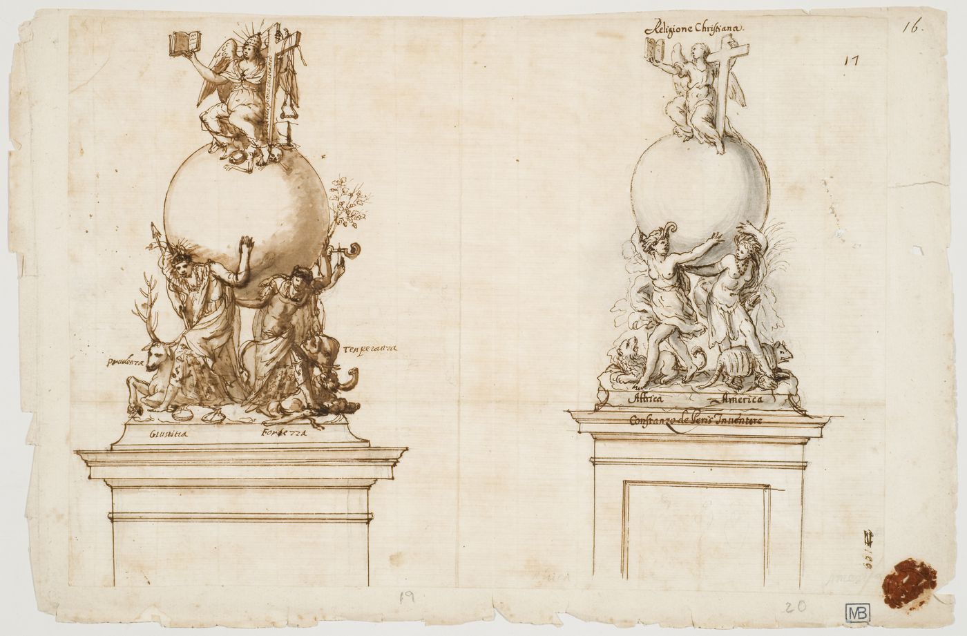 Two monumental allegories representing the Church surmounting the world, accompanying a circular counter-proposal to Bernini's oval for Saint Peter's Square in Rome
