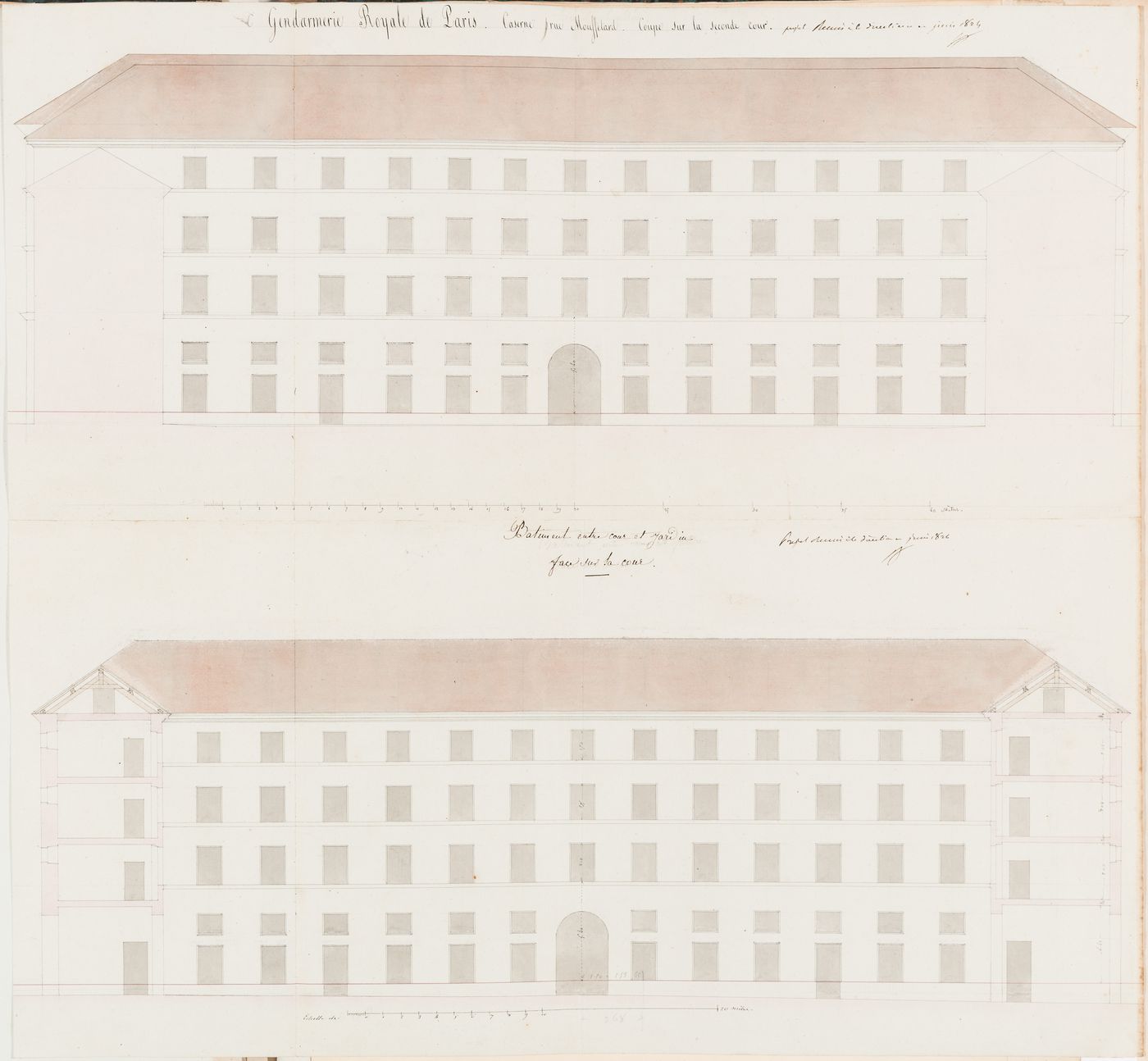 Project for the caserne de la Gendarmerie royale, rue Mouffetard: Section through the second courtyard