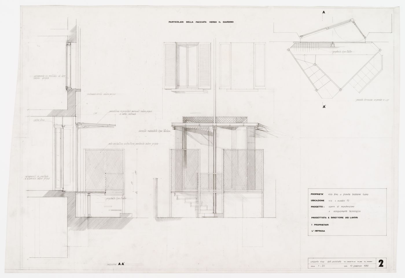 Section, elevation and plan of the garden façade for Casa Frea, Milan, Italy