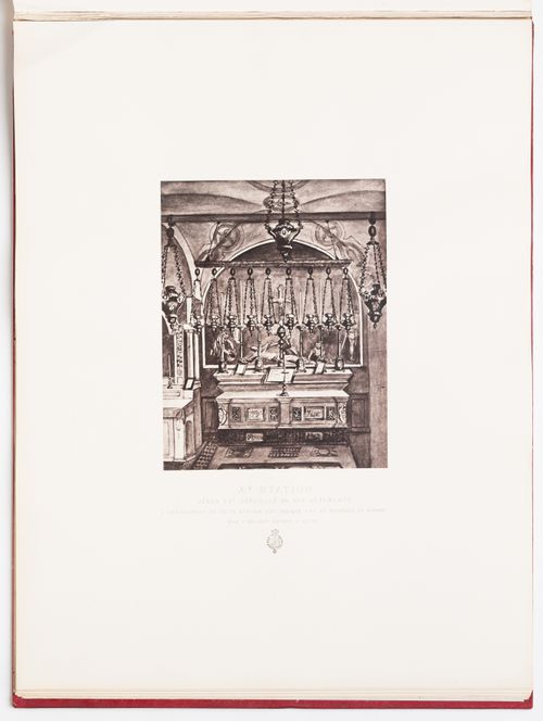 Photograph of a rendering of the Tenth Station of the Cross showing an altar with a mosaic in the foreground which represents the place where Jesus was deprived of his clothes, Jerusalem, Ottoman Empire (now in Israel)