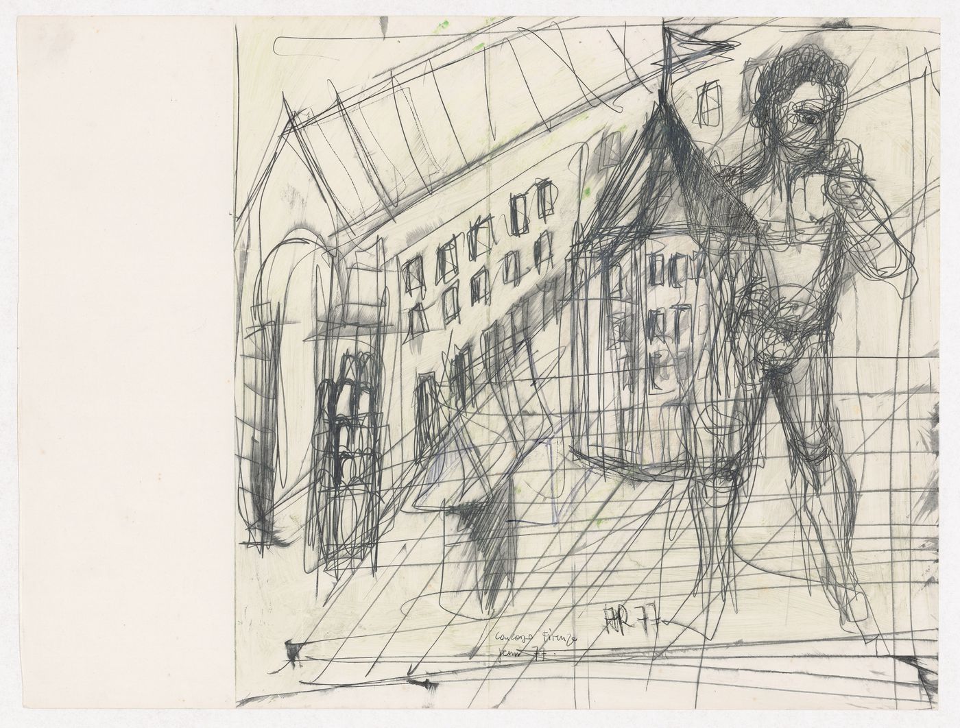 Perspective sketch for Centro Direzionale, Florence, with sketches of a statue of David