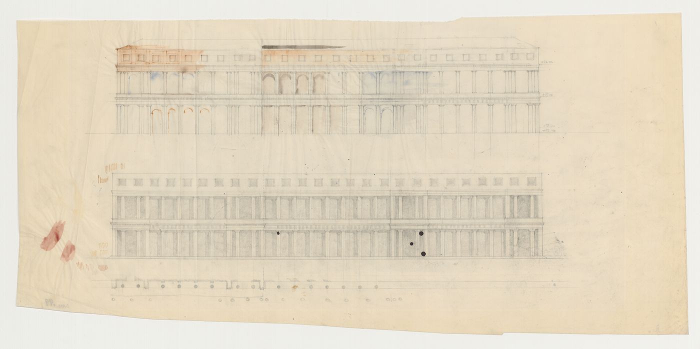 Elevations and a block plan for the 1918-1925 design for the Börsekvarteret [Stock Exchange Block] with a loggia, Gustaf Adolfs torg [square], Göteborg, Sweden