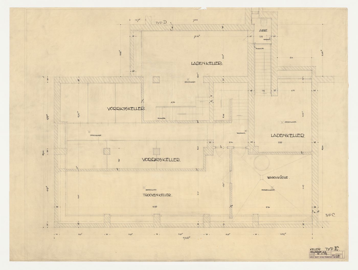 Basement plan for a type E store and housing unit, Hellerhof Housing Estate, Frankfurt am Main, Germany