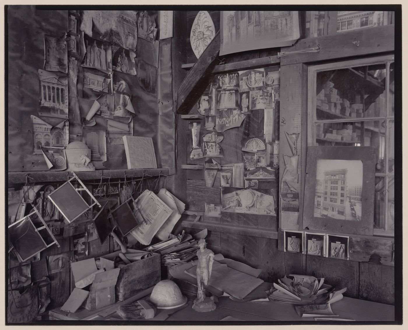 Interior view of corner wall of office in terra-cotta factory, Lincoln, California