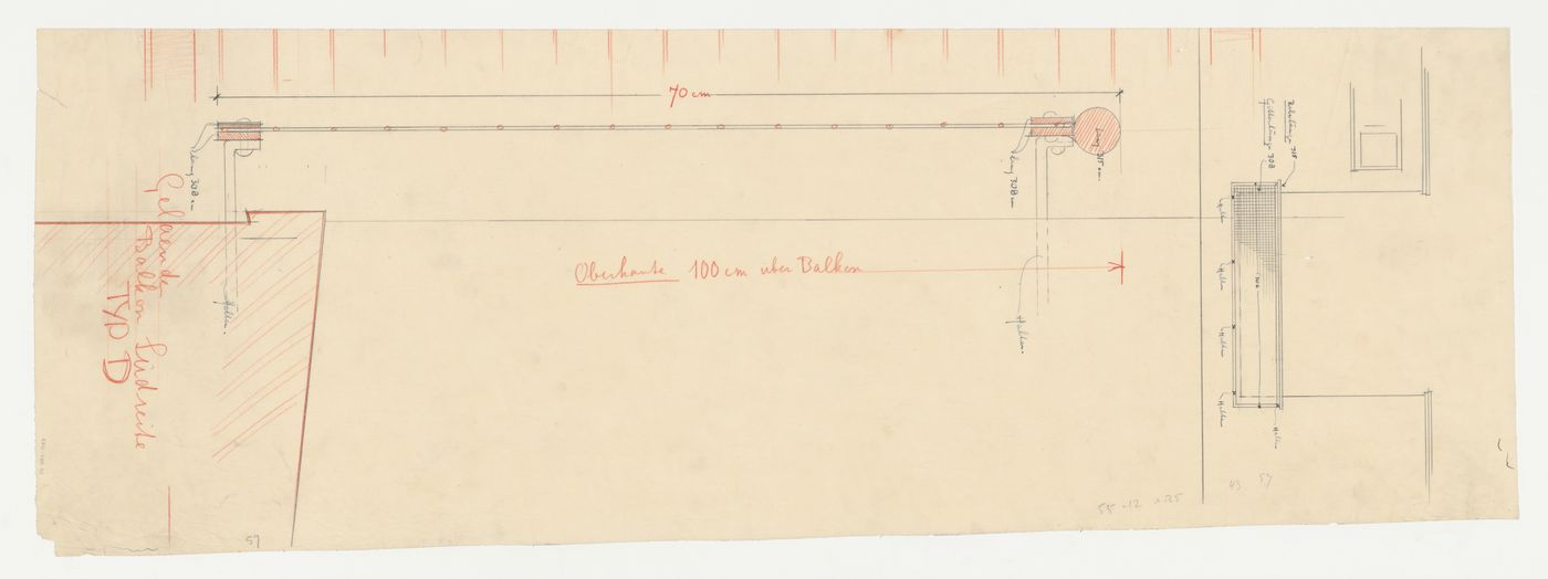 Elevation and sectional detail for a balcony railing for the south side of a type D housing unit, Hellerhof Housing Estate, Frankfurt am Main, Germany