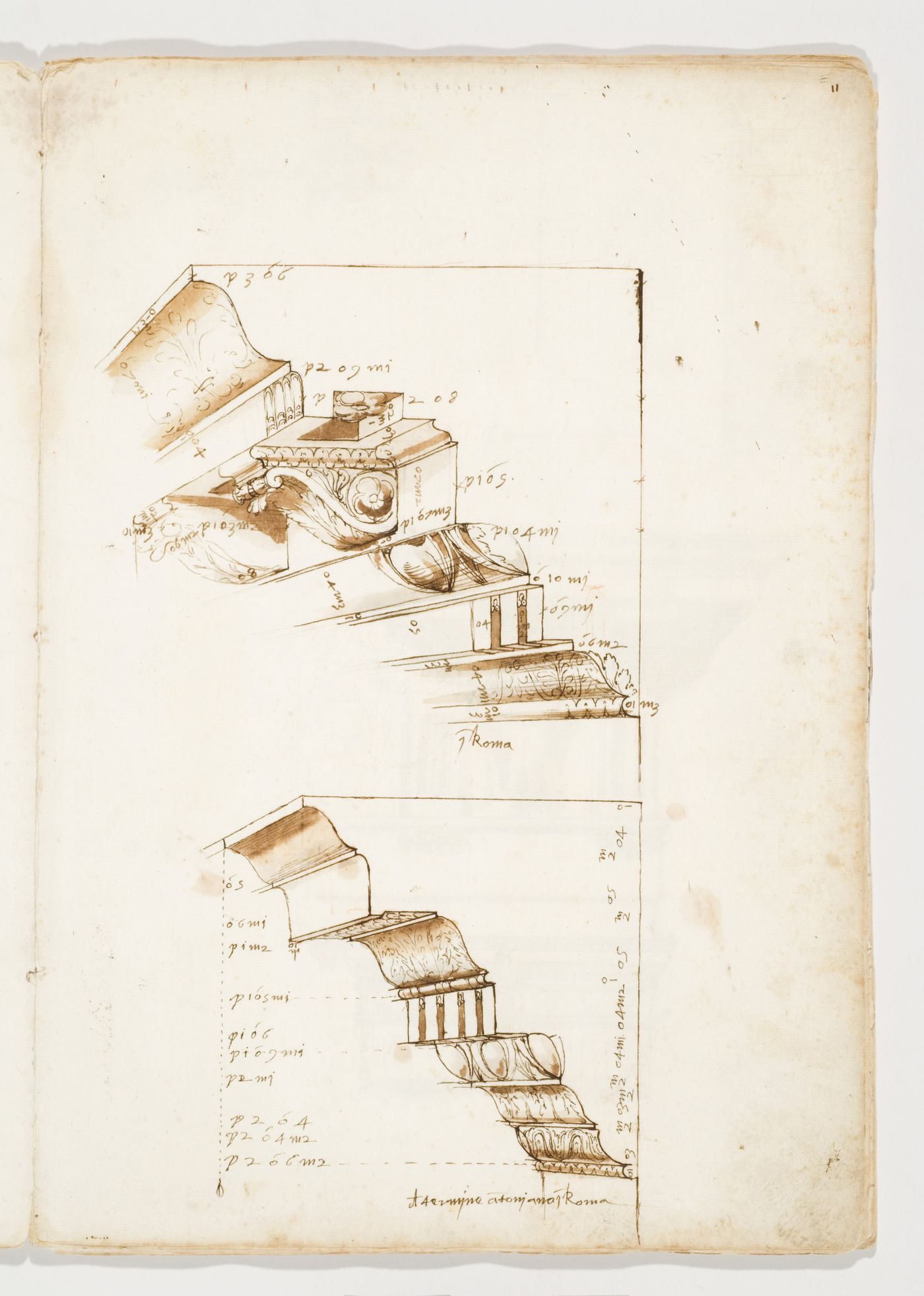 Above: Section and perspectival view of the cornice of the entablature of the colonnade of the enclosing wall of the Forum of Nerva (the so-called Colonnacce), Rome; below: Section and perspectival view of the cornice of the entablature in the south-east palestra of the Baths of Caracalla, Rome