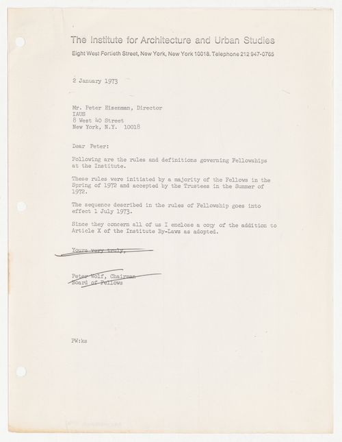 Memorandum from Peter Wolf to Peter D. Eisenman with attached Article X from IAUS Fellowship by-laws dated June 6th, 1972