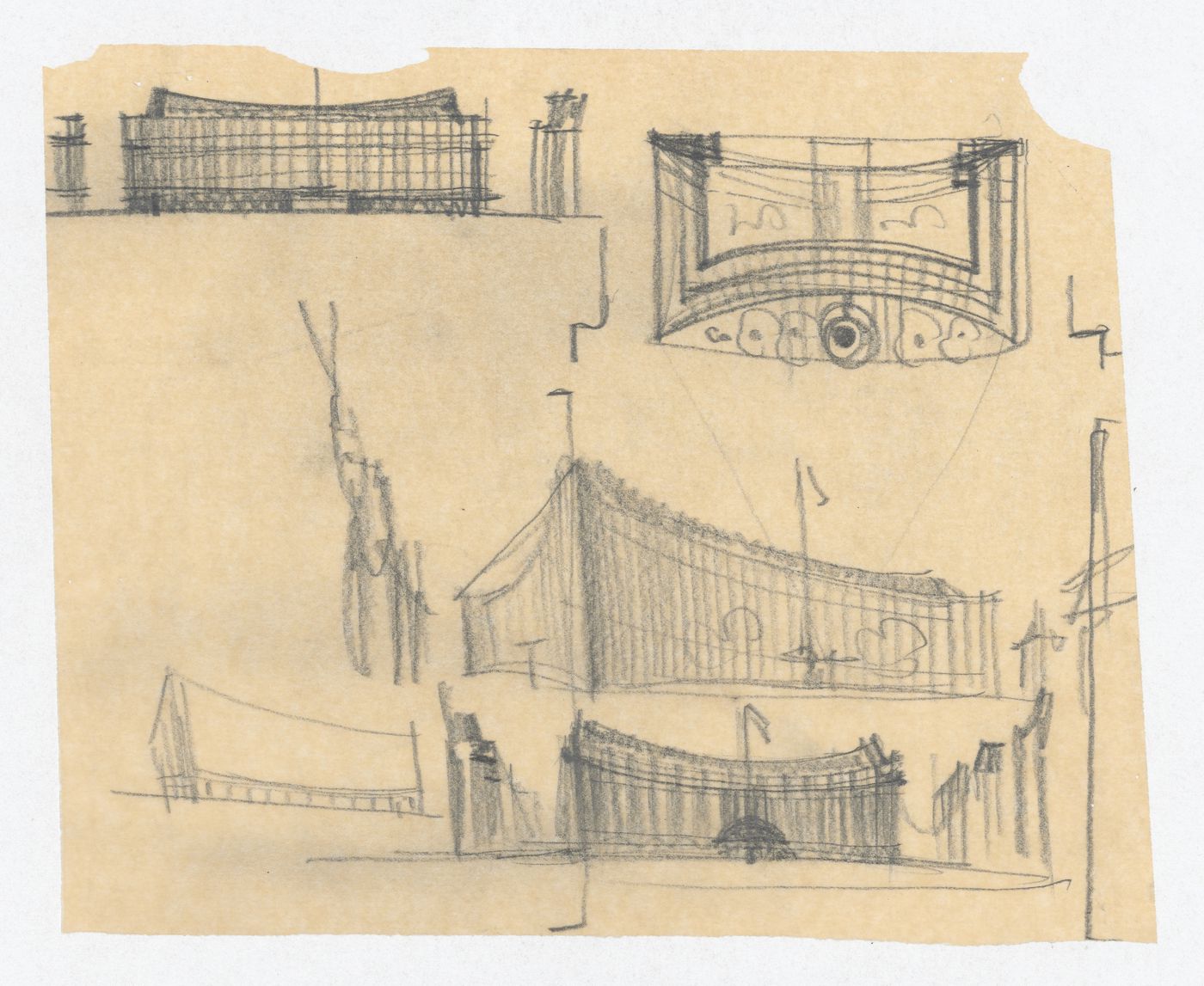 Sketched elevation, plan and perspectives, United States Chancellery Building, London, England