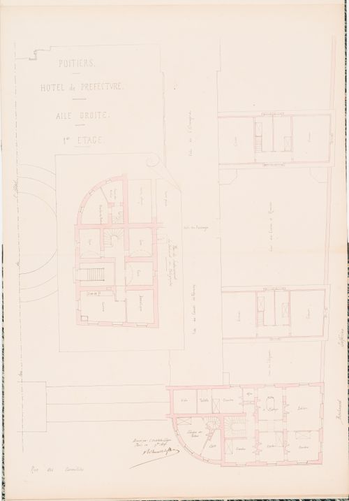 Project for a Hôtel de préfecture, Poitiers: First floor plan for the right wing, including a plan for the "soubassement" for the telegraph building
