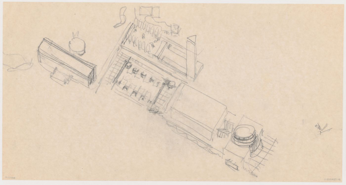 Bird's-eye sketch perspective for the Congress Hall Complex, The Hague, Netherlands