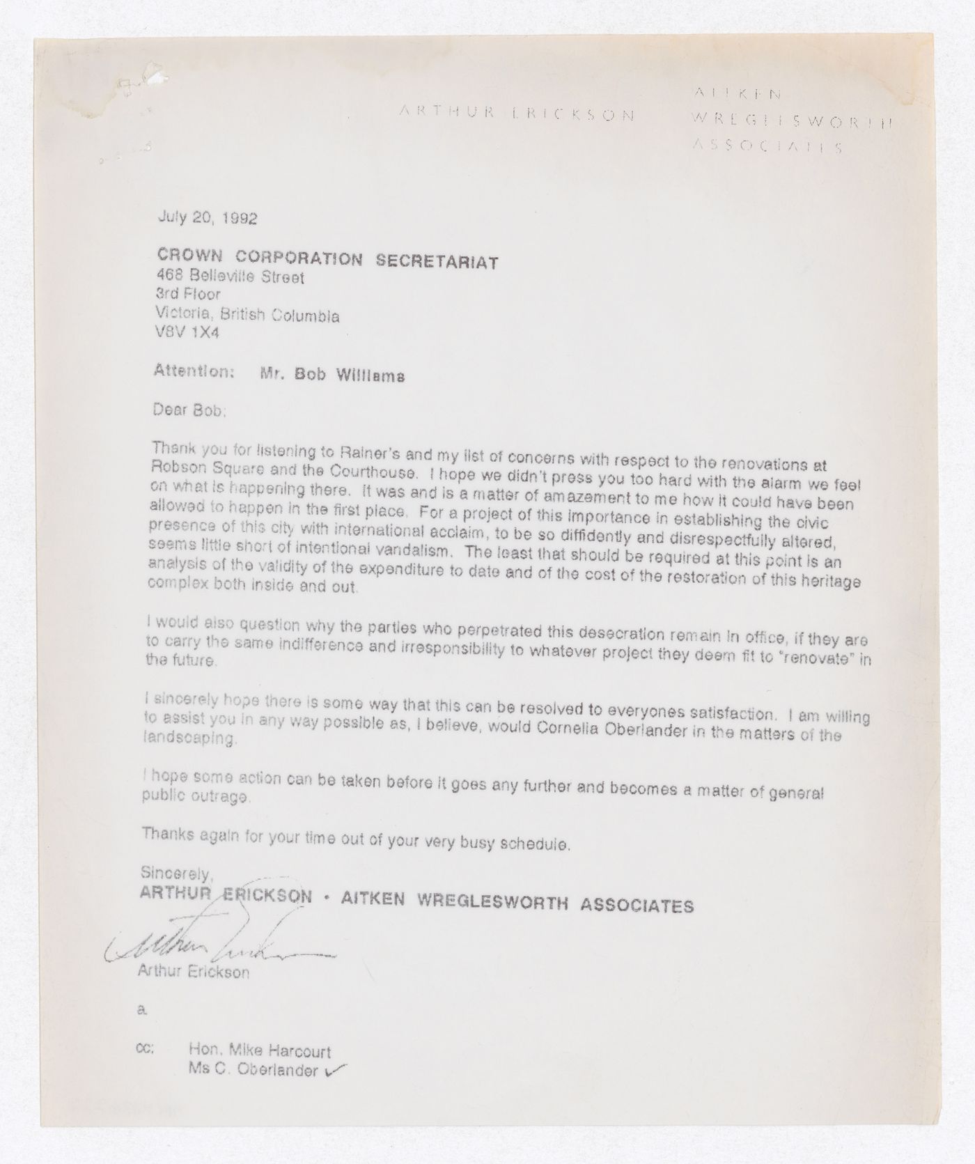 Letter from Arthur Erickson to Bob Williams of the Crown Corporation Secretariat about renovations to Robson Square and the Courthouse