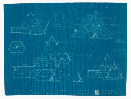 Plans, a diagram and a detail for the 1950 design for the Mr. & Mrs. George Jacobsen House, Hudson, Québec