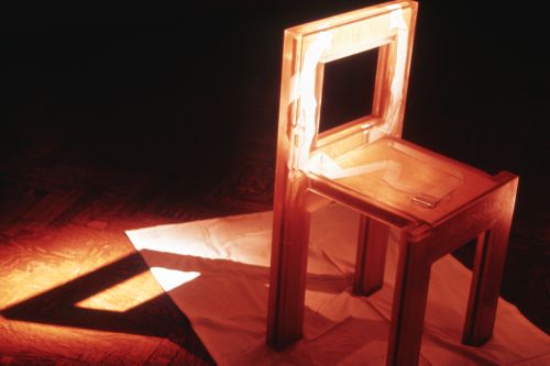 Slide of wearable chair installation at Minneapolis Institute of Art for performance Vestirsi Di Siede